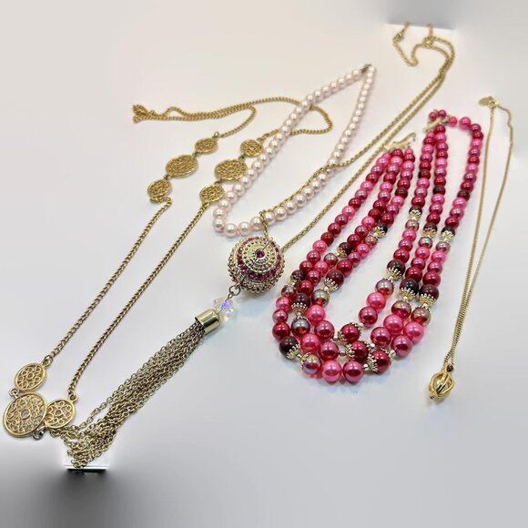 Layered Necklace Lot, God, Deep Pink, Red, Rhinestone, Bohemian, Multi Strand - Picture 2 of 8